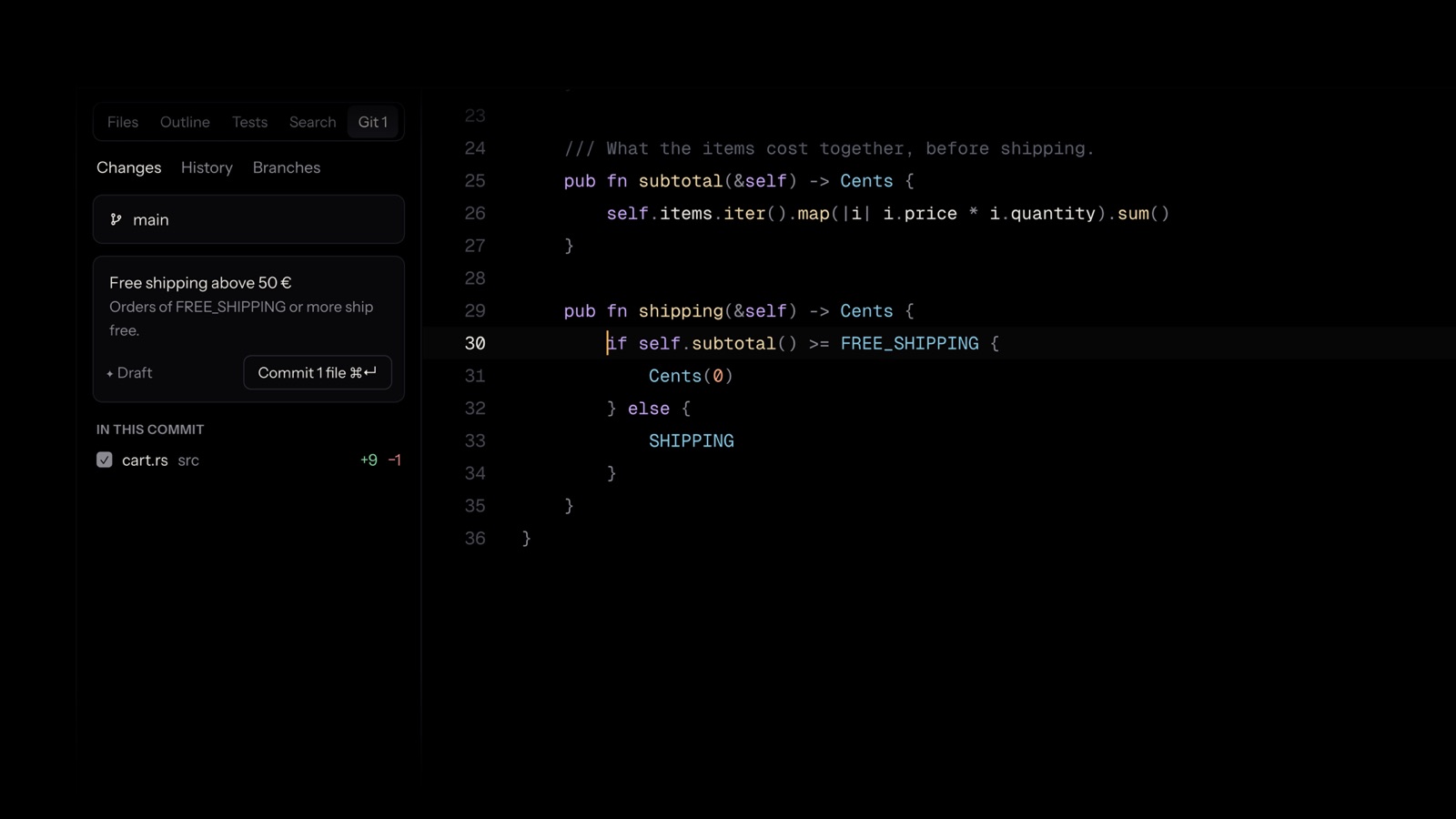 The Git panel with a commit message drafted