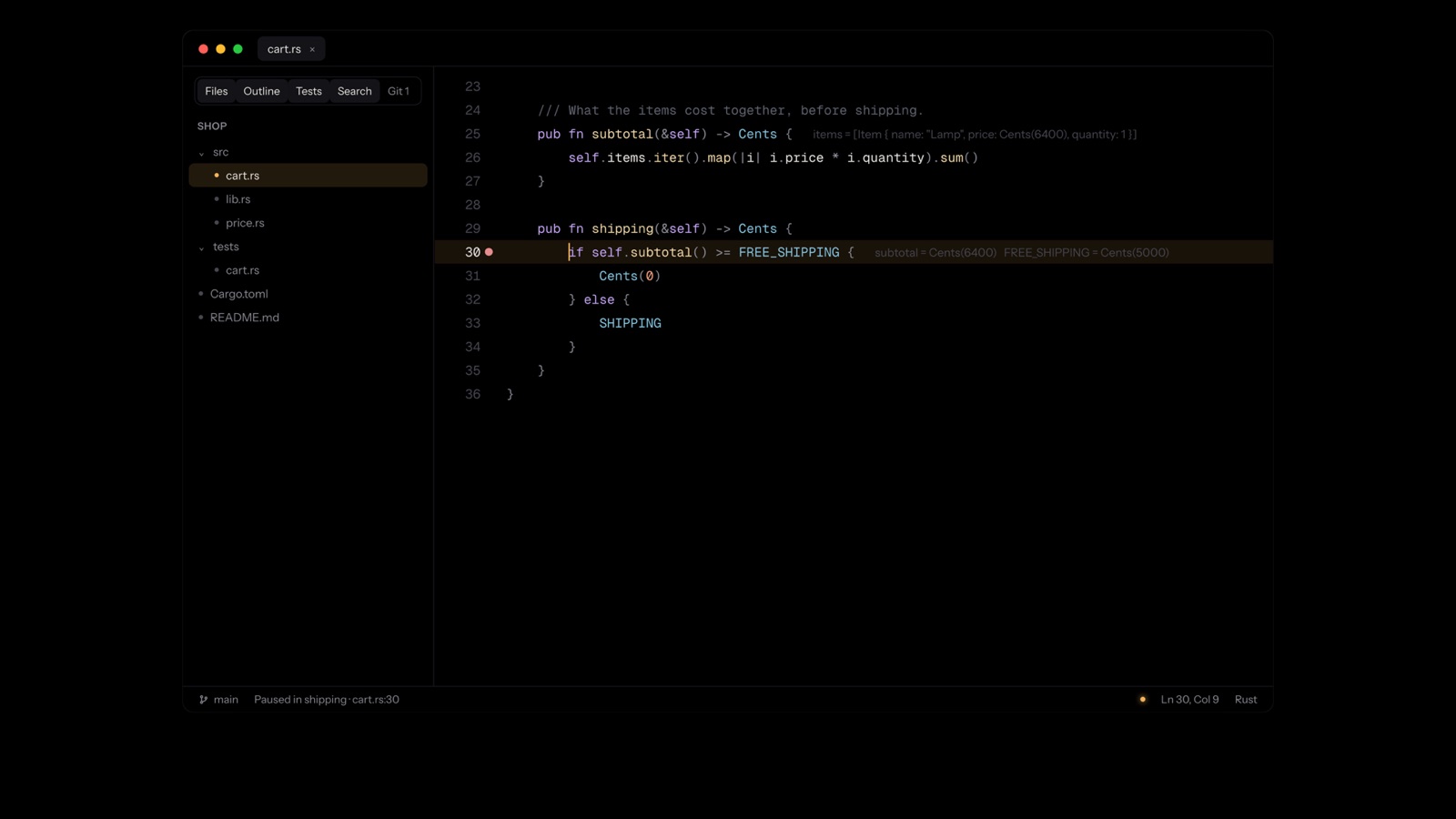 Stopped at a breakpoint, values shown in the code