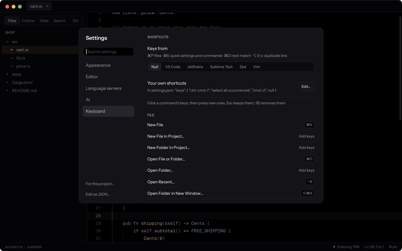 Keymap presets in Settings