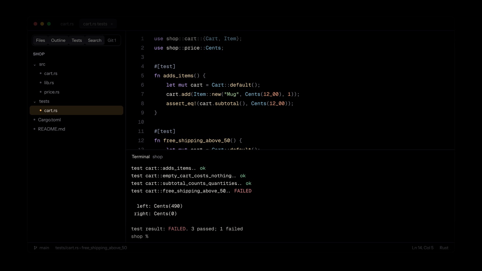 The terminal running the tests