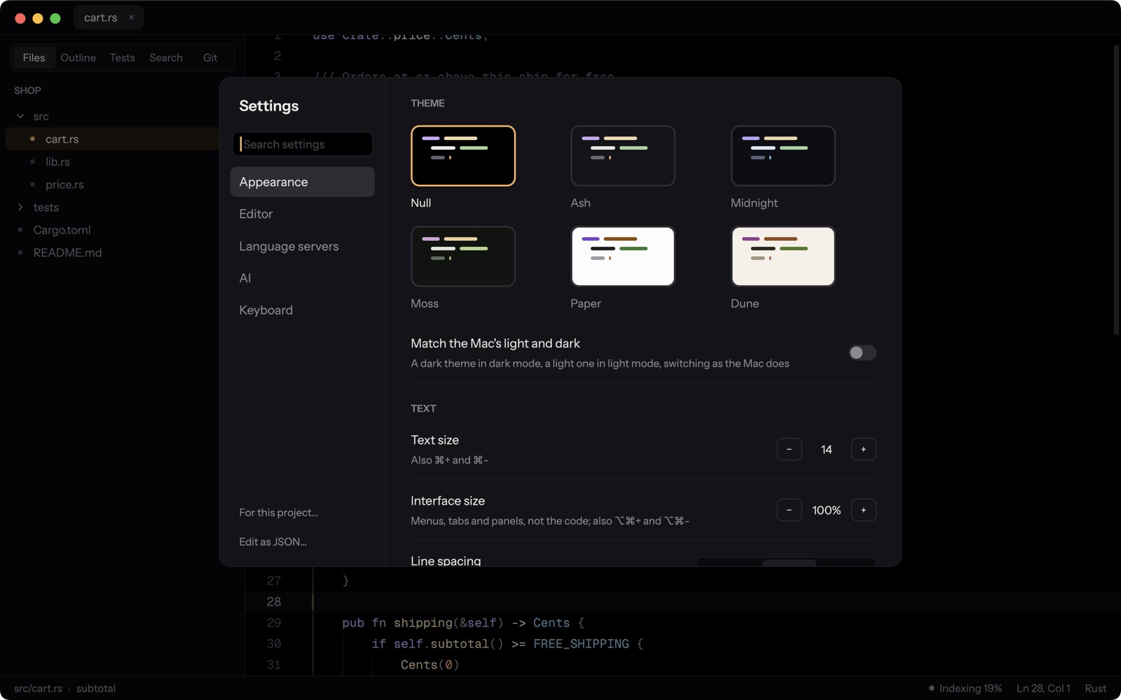 The six themes in Settings